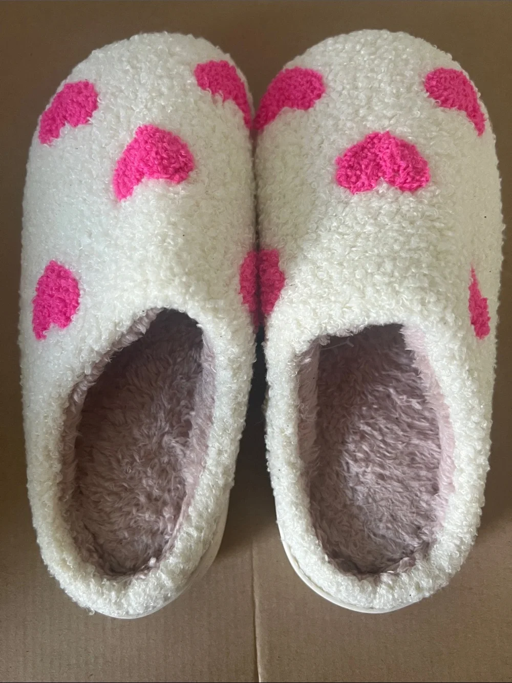 Cozy children Cream Slippers with Pink Heart Accents